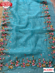 Sky Blue Multi-thread Embroidery Work Organza Saree