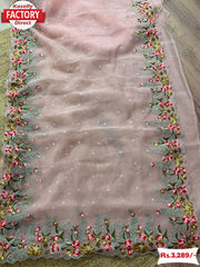 Off-white Multi-thread Embroidery Work Organza Saree