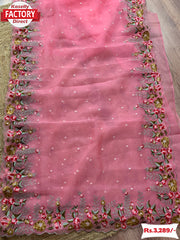 Pink Multi-thread Embroidery Work Organza Saree