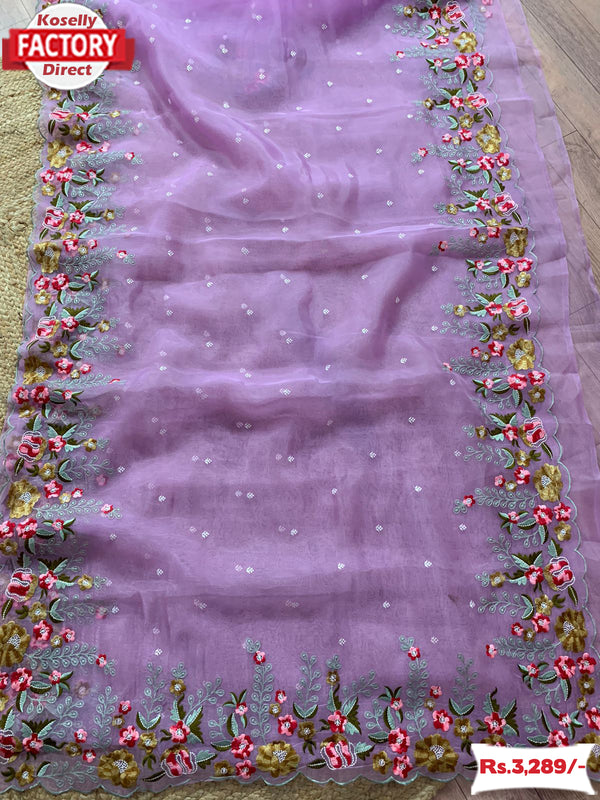 Lavender Multi-thread Embroidery Work Organza Saree