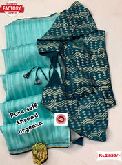Sky Blue Organza Saree With Readymade Blouse