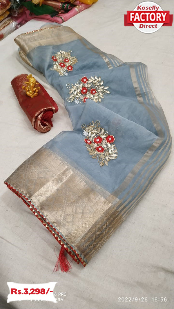 Ash Organza Zari Saree With Fancy Embroidery