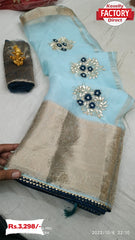 Sky Blue Organza Zari Saree With Fancy Embroidery