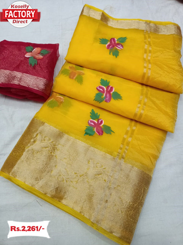 Yellow Pure Organza Brush Printed Saree