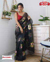 Black Hand-painted Organza Saree