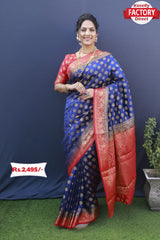 Navy Blue Soft Banarasi Silk Saree