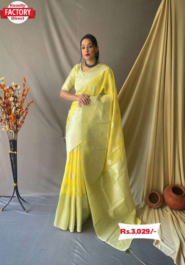 Yellow Silver Zari Linen Saree