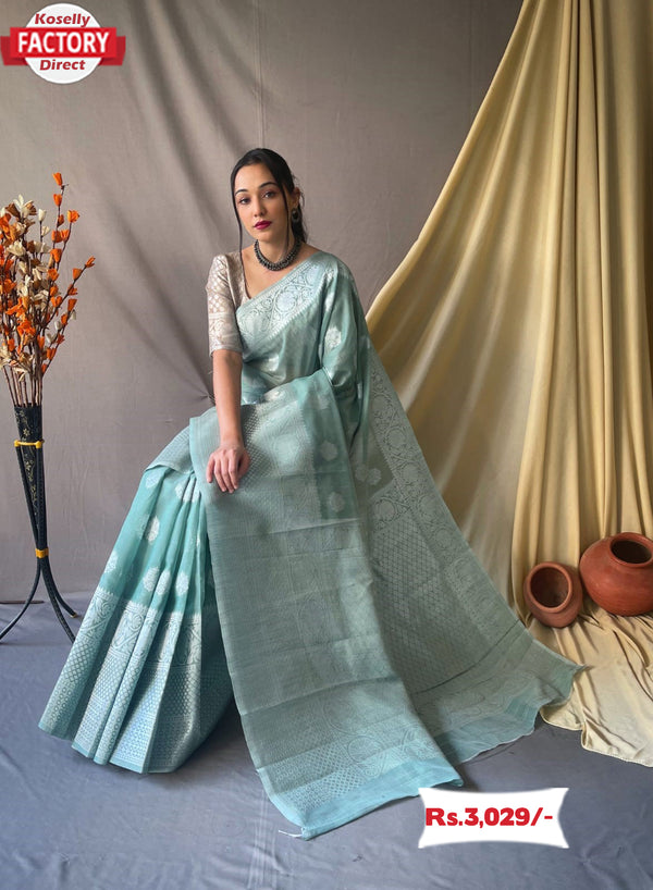 Baby Blue Silver Zari Linen Saree