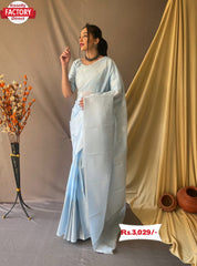 Light Blue Silver Zari Linen Saree