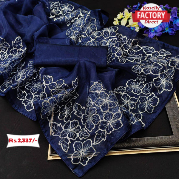Navy Blue Organza Silk Saree with Sequins Thread Work