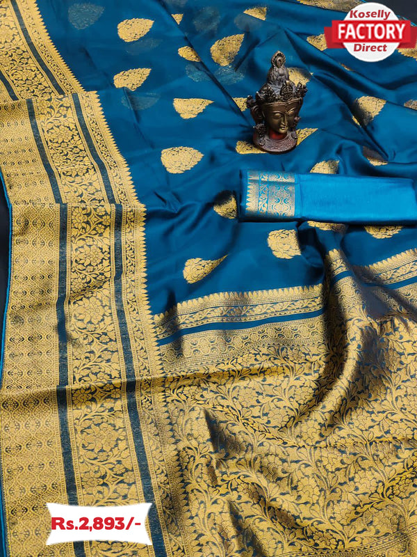Deep Blue Pure Golden Zari Organza Banarasi Saree
