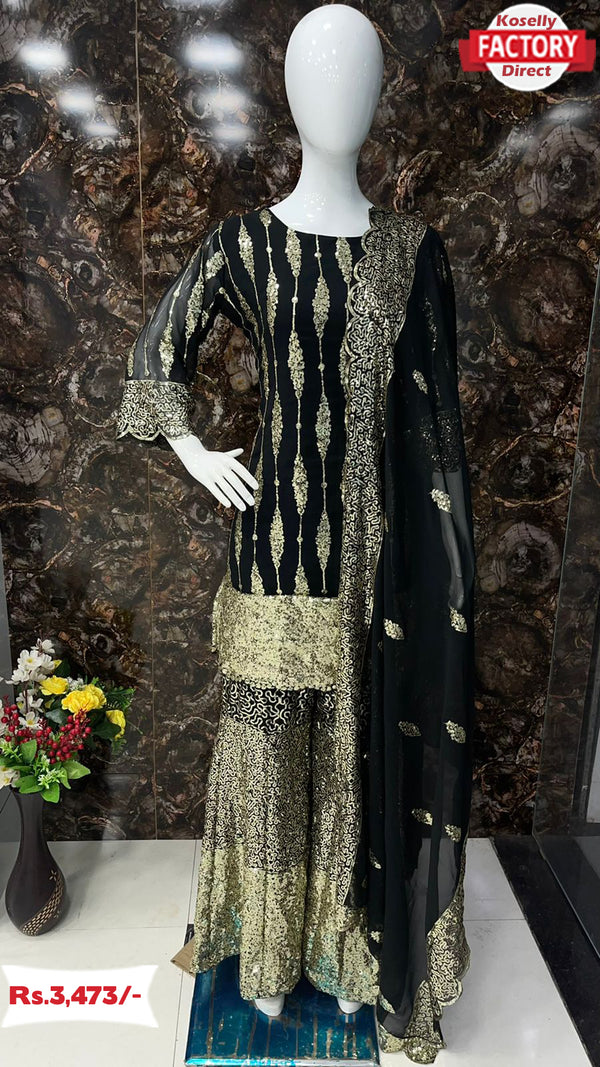 Black Designer Partywear Kurtha Sharara Dupatta Set
