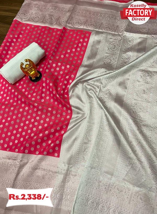 Pink and Silver Banarasi Silk Saree