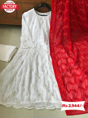 White Embroidered Gown with Red Dupatta