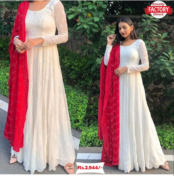 White Embroidered Gown with Red Dupatta