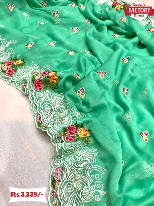 Sea Green Chiffon Embroidered Saree