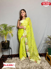 Lime Green Chiffon Embroidered Saree