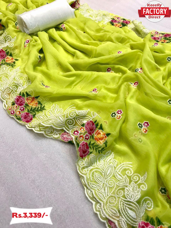 Lime Green Chiffon Embroidered Saree