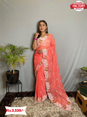 Peach Chiffon Embroidered Saree