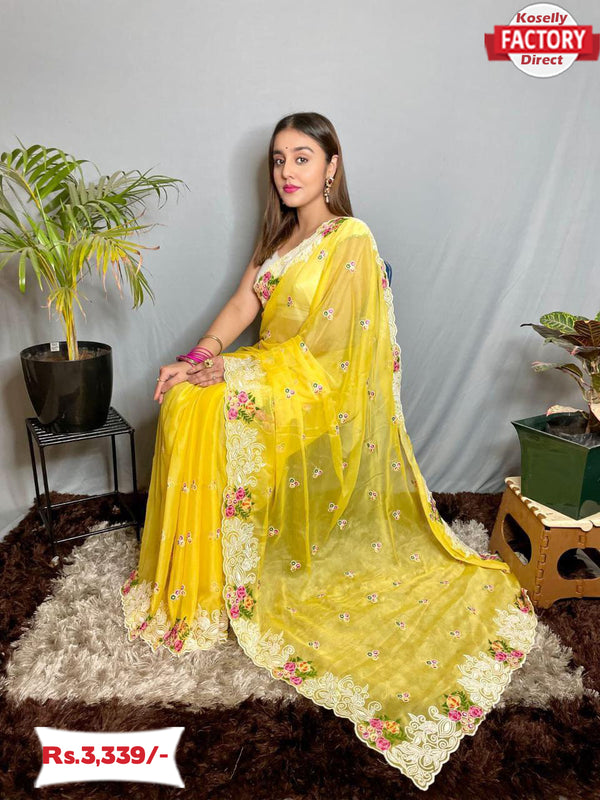 Yellow Chiffon Embroidered Saree