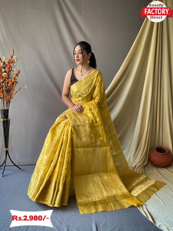 Yellow Organza Silk Banarasi Saree