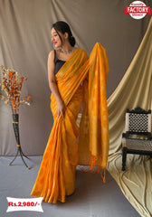 Mustard Yellow Organza Silk Banarasi Saree