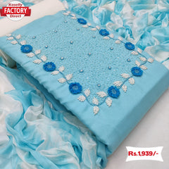 Sky Blue Cotton Embroidered Kurtha Suruwal Piece