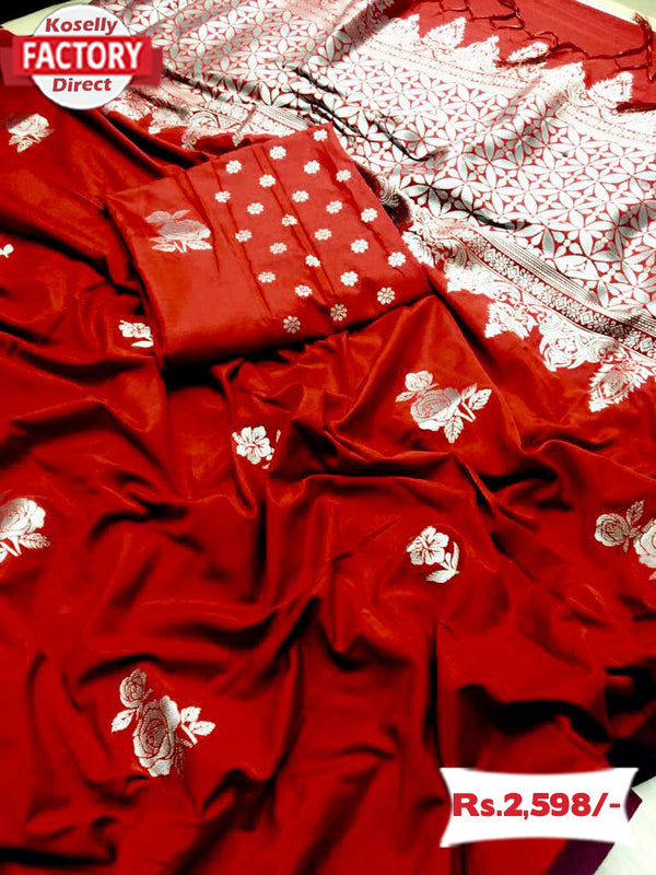 Dark Red Banarasi Rose Weaving Saree