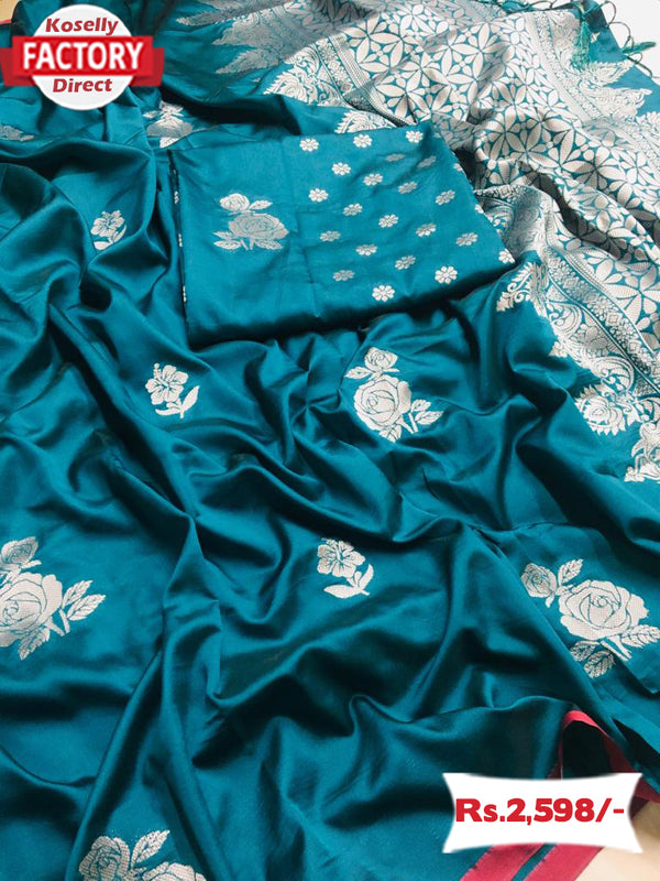 Turquoise Banarasi Rose Weaving Saree