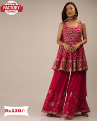 Hot Pink Embroidered Kurtha Sharara Dupatta Set