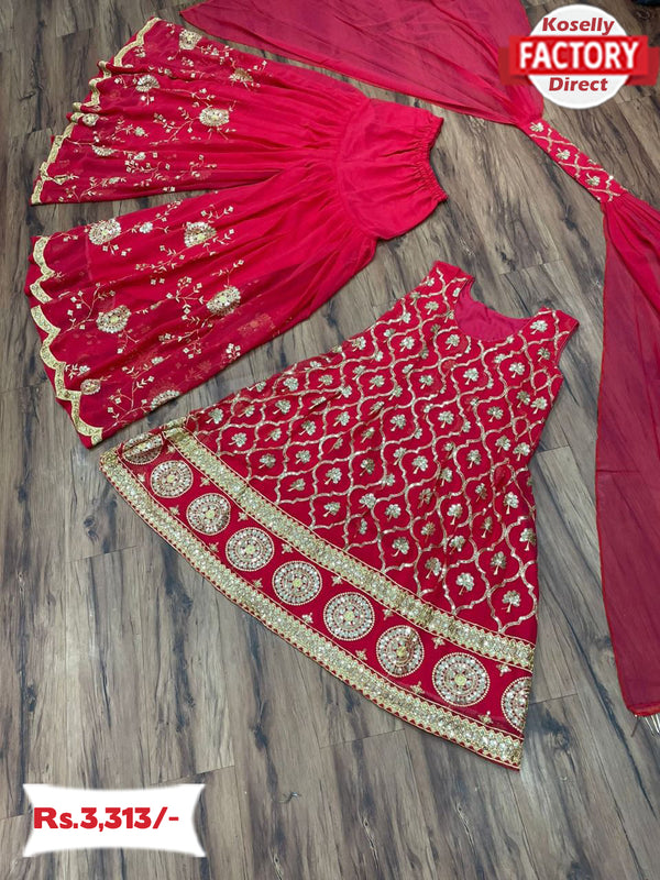 Hot Pink Embroidered Kurtha Sharara Dupatta Set