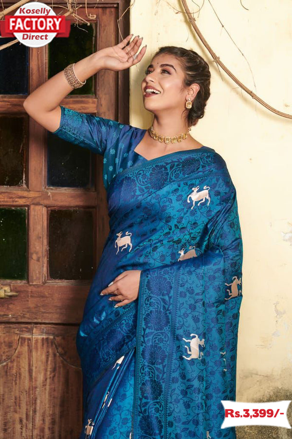 Teal Blue Banarasi Jamdani Weaving Saree