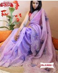 Lavender Pure Organza Silk Hand-worked Saree