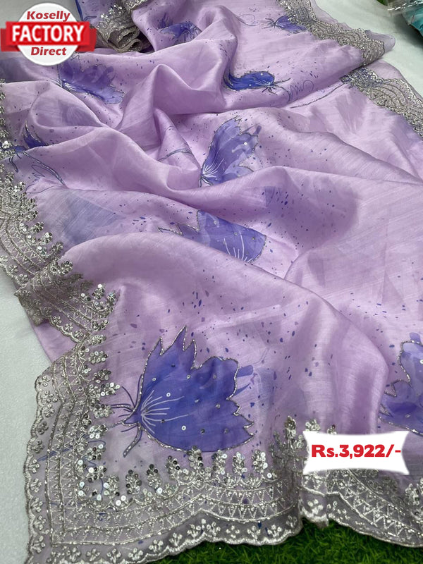 Lavender Pure Organza Silk Hand-worked Saree
