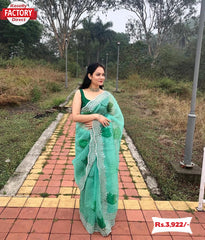 Green Pure Organza Silk Hand-worked Saree