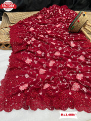 Red Pure Georgette Partywear Saree