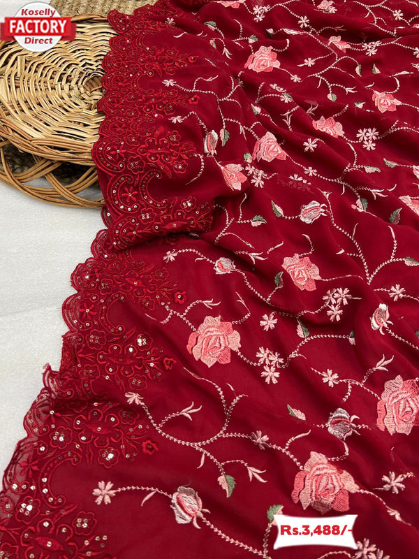 Red Pure Georgette Partywear Saree