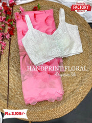 Pink Hand Printed Pure Organza Saree With Readymade Blouse