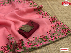 Peach Khadi Organza Kashmiri Work Saree