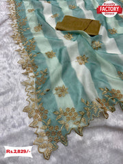 Blue and White Striped Pure Khadi Organza Pearl Worked Saree