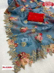 Turquoise Pure Khadi Organza Pearl Worked Saree