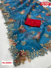 Royal Blue Pure Khadi Organza Pearl Worked Saree