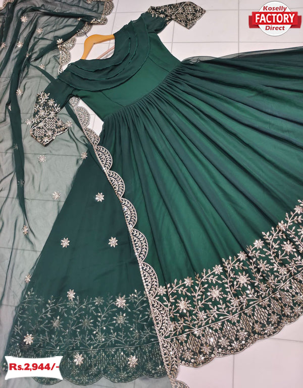Dark Green Embroidered Gown Dupatta Set
