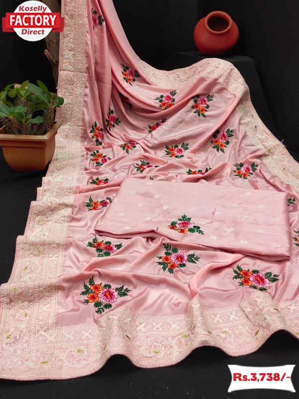 Pink Kora Satin Silk Lucknowi Saree