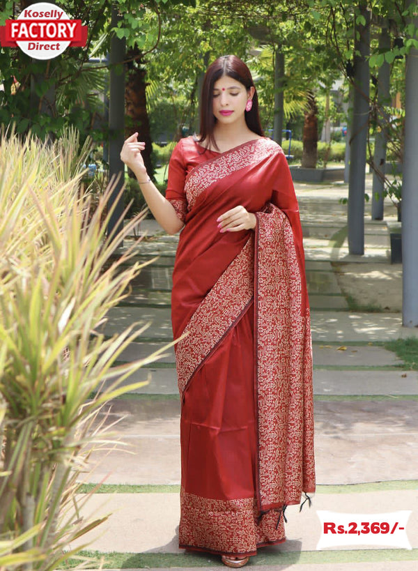 Brick Red Raw Silk Saree With Weaving Pallu