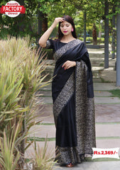 Black Raw Silk Saree With Weaving Pallu