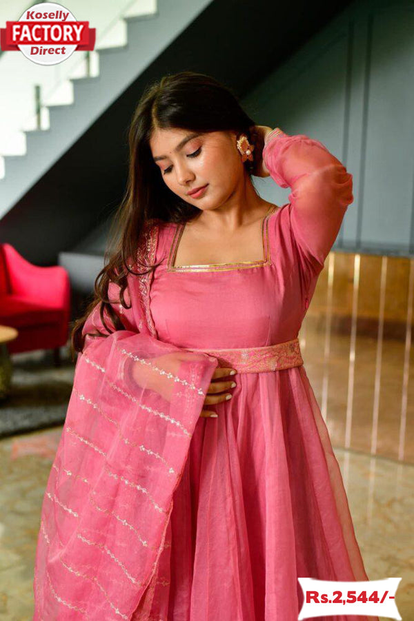 Pink Chanderi Silk Gown with Dupatta