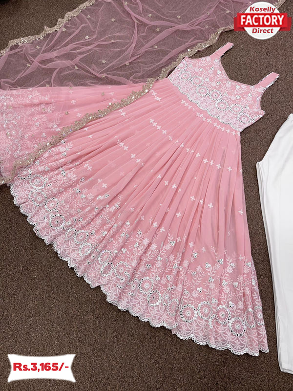 Nude Pink Embroidered Gown Dupatta Set
