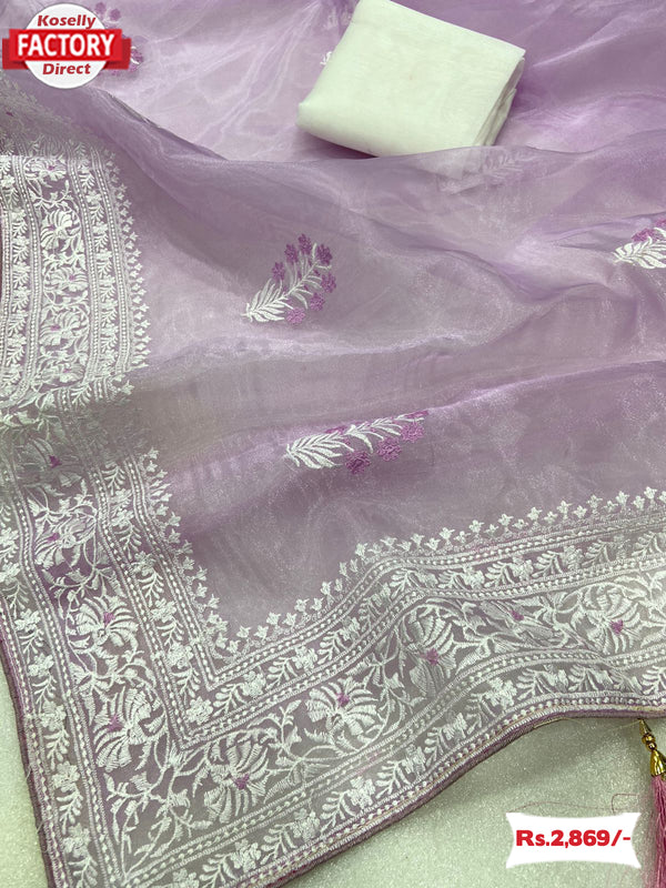 Lavender Organza Embroidered Partywear Saree