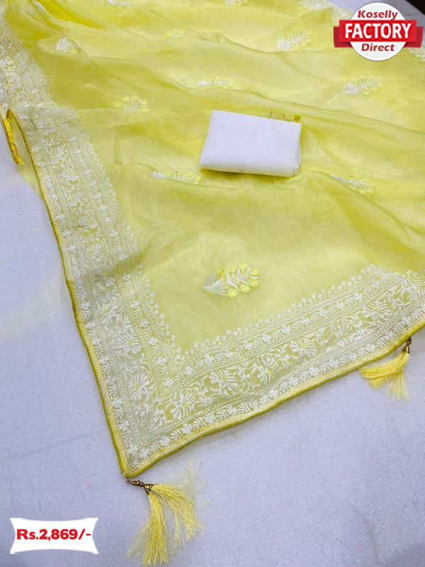 Light Yellow Organza Embroidered Partywear Saree